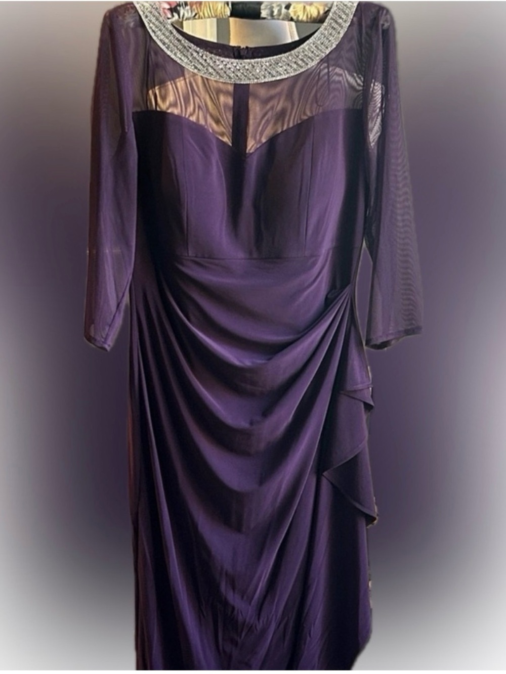 Alex Evenings Purple Long Sleeve Sheer Yoke Evening Gown